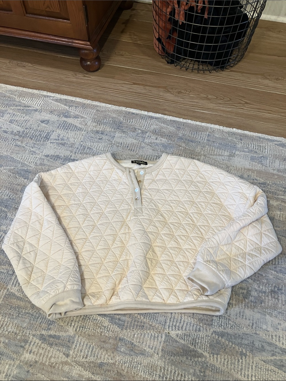 THML Quilted Cream Henley Pullover Sweater